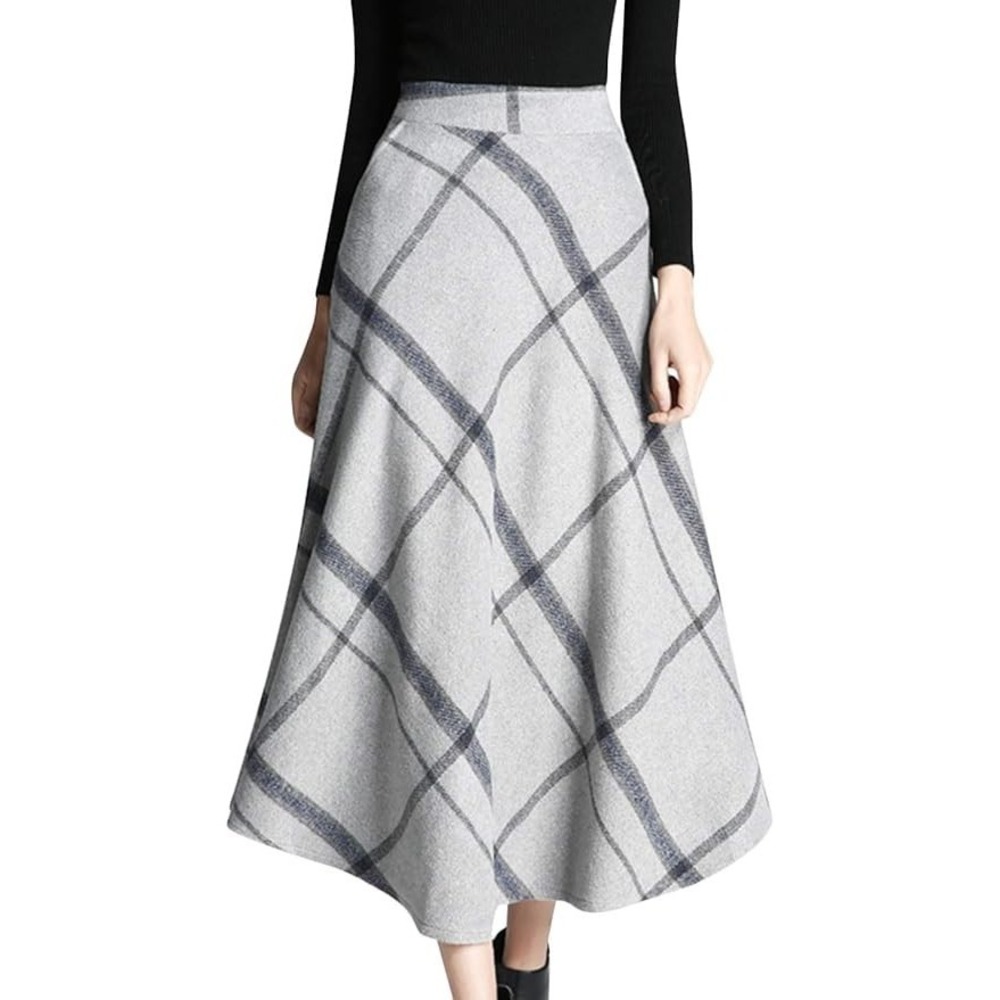 Women Gray Plaid A Line Skirt 2x Wool Look Elevated Basics Office Chic Preppy
